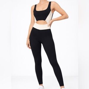 Forever 21 Black Cream Cutout leggings Jumpsuit Small activewear aerial arts gym